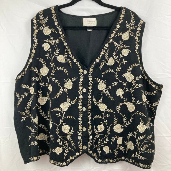 Vintage Womens 26 Black & Gold Floral Embroidered Vest Boho Chic Cottage Folk - Picture 1 of 10